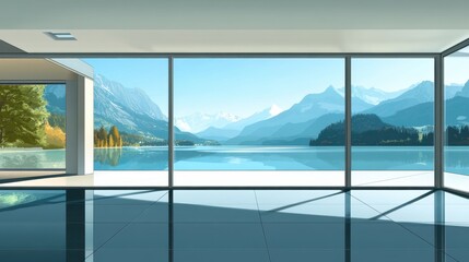 Fototapeta premium Contemporary minimalist apartment with large windows overlooking a lake and mountains illustration