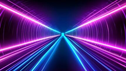 Vibrant neon tunnel with glowing blue and pink lights creating a dynamic visual effect