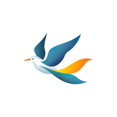 2D illustration of a minimalistic seagull logo with oceanic colors isolated on transparent background