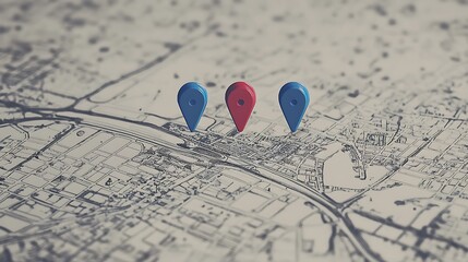 3D Map with Location Pins, 3D map with red and blue location pins indicating specific points