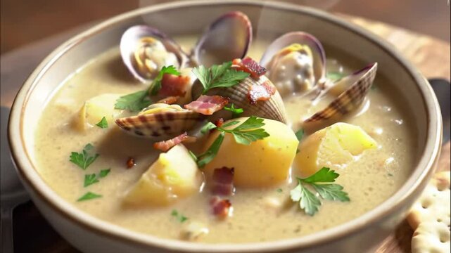 Steaming bowl of creamy New England clam chowder filled with clams in shells, tender potatoes, and smoky bacon bits, garnished with parsley. Crackers aside. Perfect for cozy dining or seafood menus.