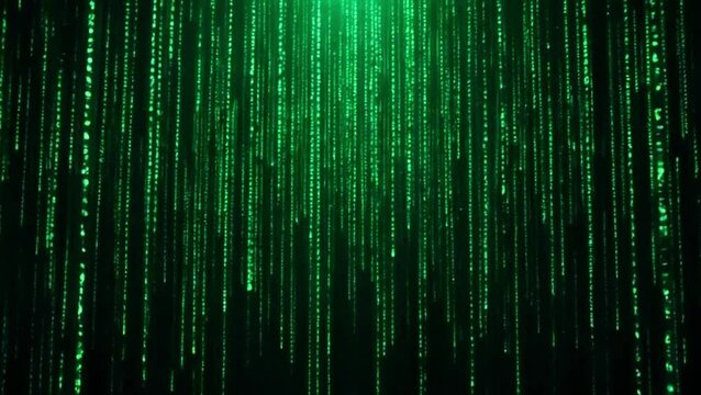 Matrix-style digital rain, cascading green numbers and symbols, cyberpunk aesthetic, dark background, vertical data streams, binary code, hacker imagery, technology concept, futuristic, abstract