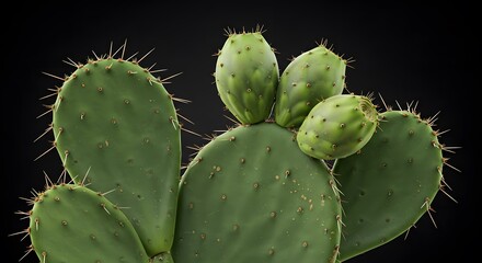Prickly Pear Cactus with Fruit on Dark Background