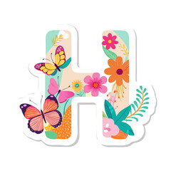 Letter H with pink and orange flowers and butterflies in soft tones