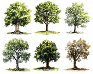 Fototapeta premium Seasonal Tree Illustrations: Green to Autumnal Foliage Changes, PNG