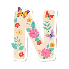 Letter N with colorful butterflies and floral motifs in spring style
