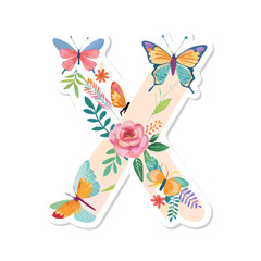 Letter X with pastel butterflies and roses in floral design