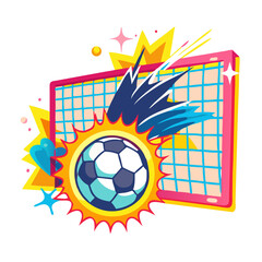Soccer ball smashing net in vibrant comic pop-art style