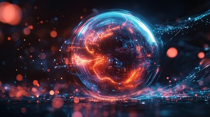 Obraz premium Glowing sphere with neon trails and arrows creates a double exposure effect, symbolizing forward motion.