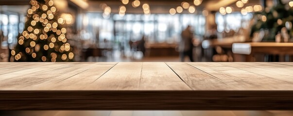 Rustic Wooden Tabletop in a Busy Cafe