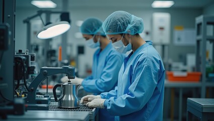 Workers in sterile environment meticulously inspect metal teapots on an automated production line, ensuring quality control.