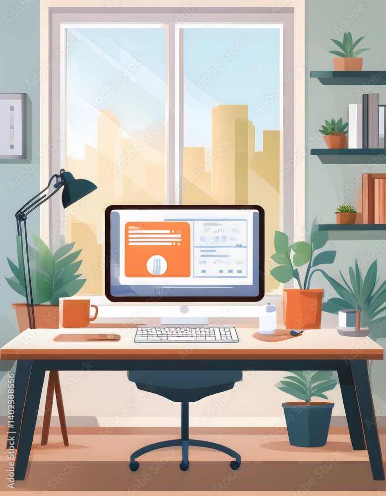 Poster cozy home office with plants and a computer setup by a window
