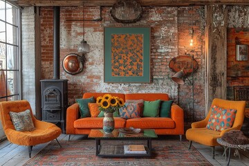 Living room with orange couch, green chairs, sunflowers, red brick wood stove, patterned wallpaper, colorful pillows, glass coffee tables, and wall art, creating a warm, inviting atmosphere.