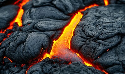 Molten lava glows intensely as it flows between dark, solid volcanic rocks in a powerful display.
