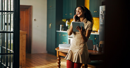 Phone call, remote work and tablet with happy woman in kitchen of home for small business planning or research. App, laughing and startup with freelancer in apartment for professional development