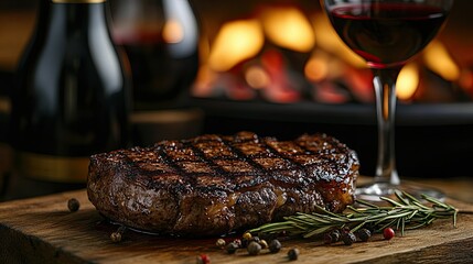 Grilled steak served with red wine in stemware and a bottle on a wooden surface, with a grill in the background, creating a fine dining still life scene. --