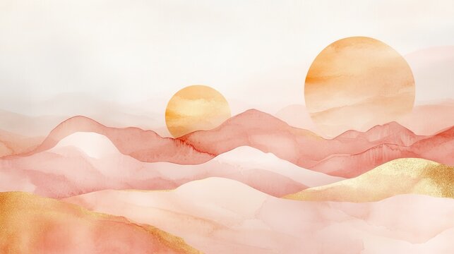 Abstract Arrangements. Landscapes, mountains. Posters. Terracotta, blush, pink, ivory, beige watercolor Illustration and gold elements, on white background. Modern print set. Wall art. Business card.