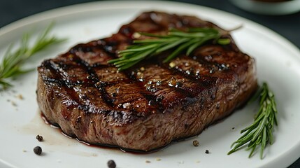 Grilled steak with rosemary char and fire on a white plate. -