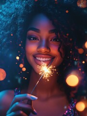 Naklejka premium Cheerful young woman holding single sparkler in hand outdoor. Detail of african girl celebrating new yearâs eve with bengal light. Closeup of beautiful woman holding a sparkling stick at party nigh