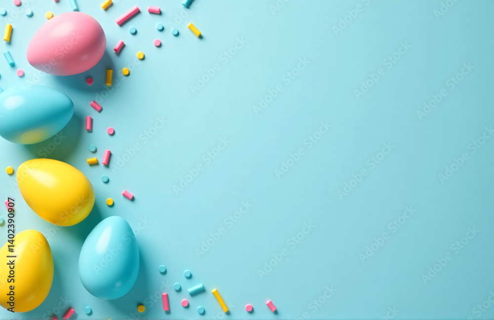Poster yellow pink blue easter eggs and sprinkles on a soft pastel blue background with a clear empty space