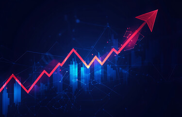 Abstract financial chart with upward trending arrow and blue bar graphs representing business growth and market success