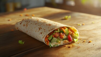 A wrap filled with vegetables sits on a wooden surface in soft light.