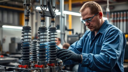 Focused Technician Examining Automotive Shock Absorbers in a Modern Workshop Setting