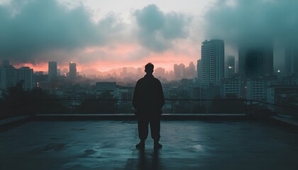 Solitude on a Rooftop: Urban Silhouette Gazing at Cityscape Sunrise in Moody Ambiance