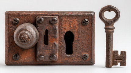 A rusty key is next to a rusty lock. The key is bent and the lock is rusted. Scene is one of decay and abandonment