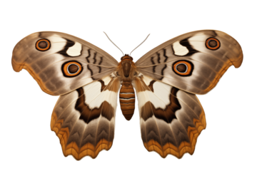A butterfly with brown and white patterned wings and orange circles isolated on  on transparent background png