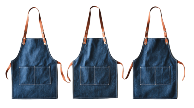 Three Dark Blue Denim Aprons with Brown Leather Straps on Transparent Background, PNG