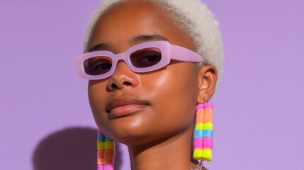 A woman with a purple pair of sunglasses and rainbow earrings. She has a very bright and cheerful look on her face