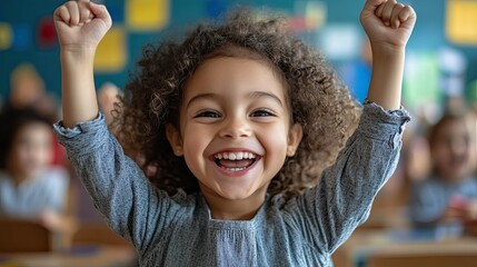 Happy young girl with curly hair celebrating in a classroom. 