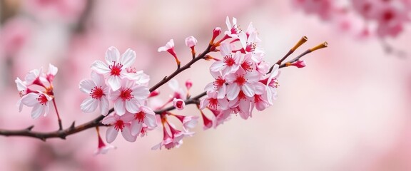 Obraz premium Delicate pink cherry blossoms on a gently curving branch against a soft, blurred background, floral, bloom