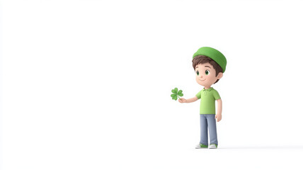 Cute cartoon illustration of boy holding clover leaf, expressing joy and innocence