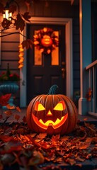 Obraz premium Glowing jack-o'-lantern on porch, surrounded by autumn leaves, Halloween, dark, front porch