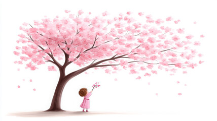 Fototapeta premium girl in pink dress reaches for cherry blossom petals falling from tree, evoking joy