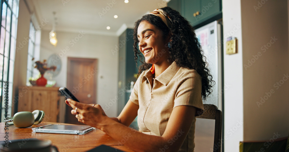 Poster university student, girl and typing with phone in home for study break, checking notifications and t