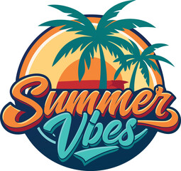 Fototapeta premium Summer vibes typography design with sun, sea wave and bird icon vector illustration. Summer holiday celebration banner, poster, template, t shirt, sticker, label, tag. 