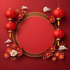 Chinese New Year Festive Background with Lanterns and Flowers