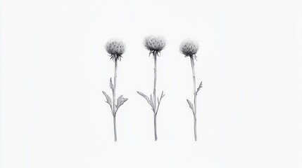 Three dried thistle flowers on white background