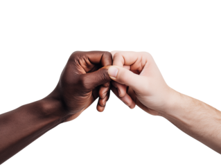Two hands of different skin tones touching knuckles against a in close up view  on transparent background png