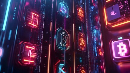 Cryptocurrency symbols illuminate a futuristic digital technological data landscape