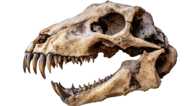 Dinosaur Skull Fossil: A detailed close-up of a fossilized dinosaur skull, showcasing its sharp teeth and powerful jawline against a clean background.  The skull's texture and age are clearly visible.