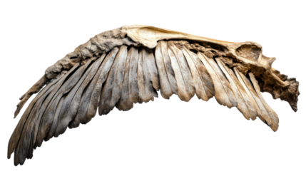 Skeletal Bird Wing: A weathered and skeletal bird wing, with intricate bone structure and faded feathers, hangs in a pose of suspended flight.