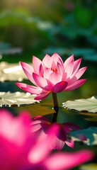 A vibrant pink lotus flower blossoms on a calm pond's surface, its petals reflecting sunlight, peace, garden, elegant