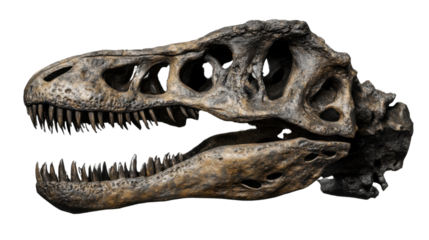 Tyrannosaurus Rex Skull Fossil: A detailed close-up of a Tyrannosaurus Rex skull fossil, showcasing its powerful jaw, sharp teeth, and intricate bone structure.