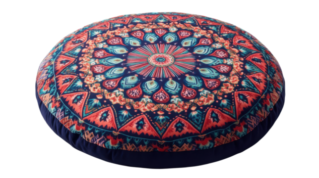 Round Mandala Floor Cushion: A vibrant round floor cushion featuring an intricate mandala design in shades of teal, coral, and navy blue. Perfect for adding a touch of bohemian flair to any space.  - Powered by Adobe