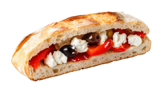 Mediterranean Delight: A delectable and refreshing Mediterranean-inspired sandwich, overflowing with creamy feta cheese, briny olives, vibrant red bell peppers, and a touch of oregano.