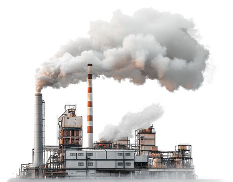 Industrial Factory Pollution Smoke Stacks and Air Emissions from Manufacturing Plant Isolated On Transparent Background
